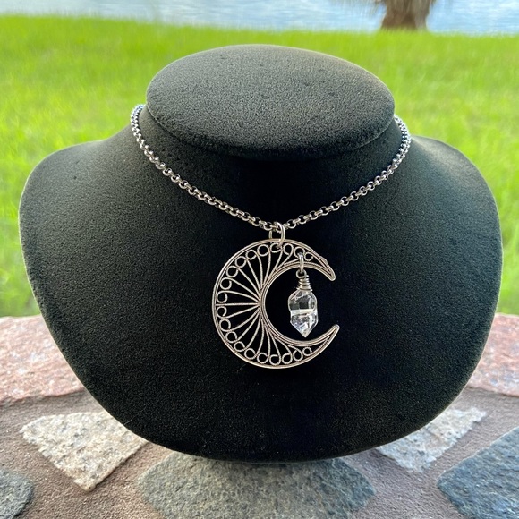 Crystal moon necklace . Boho Genuine herkimer diamond quartz crecent moon charm - Picture 12 of 14